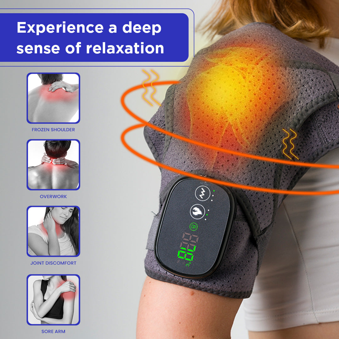 Heated Shoulder Wrap - Cordless Shoulder Heating Pad Massager with Vibration, Heated Shoulder Braces with 3 Heating and Speed Adjustable Setting