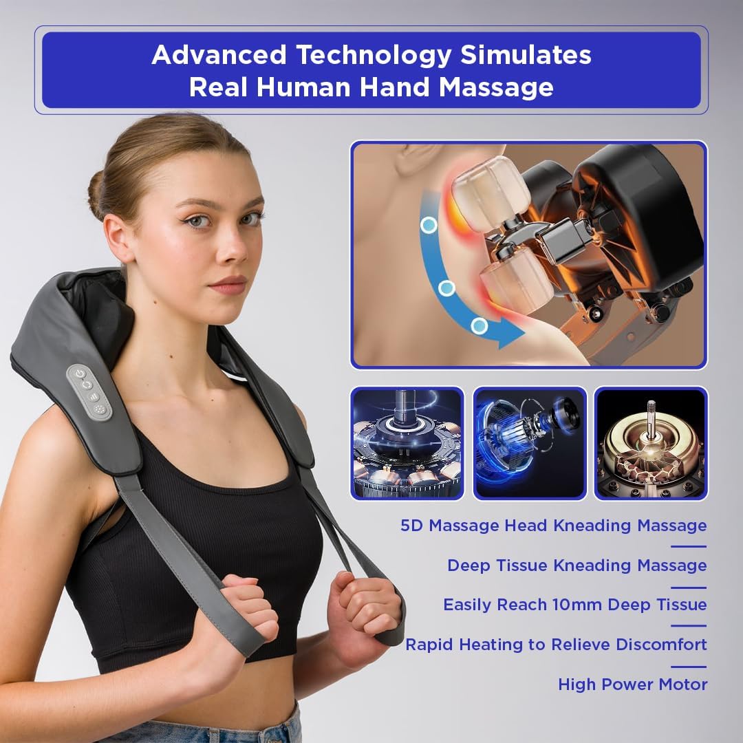 Neck Massager with Heat - Mini Portable Neck Massager - Neck, Back, Shoulder, Leg, Kneading Massager - Cordless Deep Tissue - Deep Massage at Home, Office & Car, Muscle Relaxation
